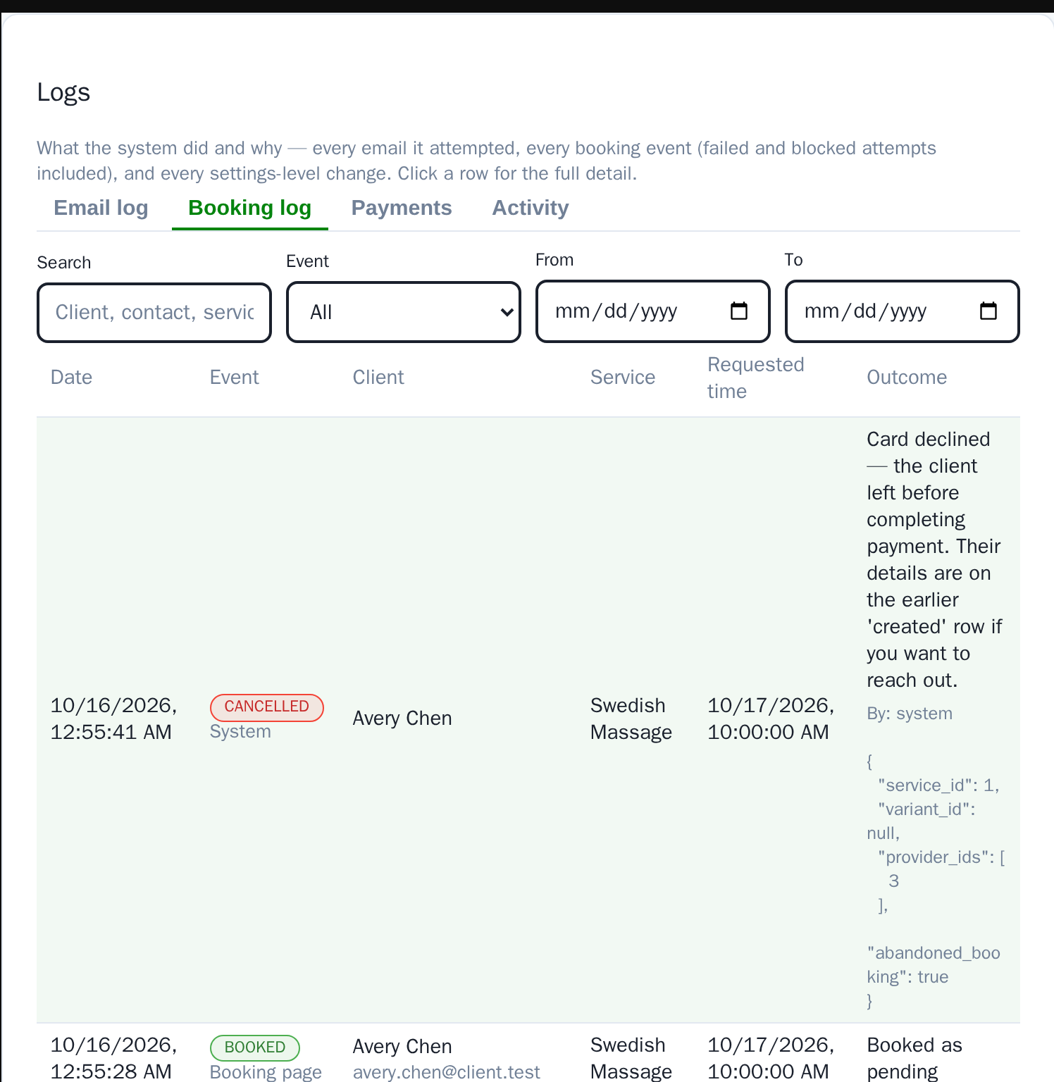 The Booking log: a cancelled system row reading Card declined, the client left before completing payment, above the created row with the client's name, email, service and requested time