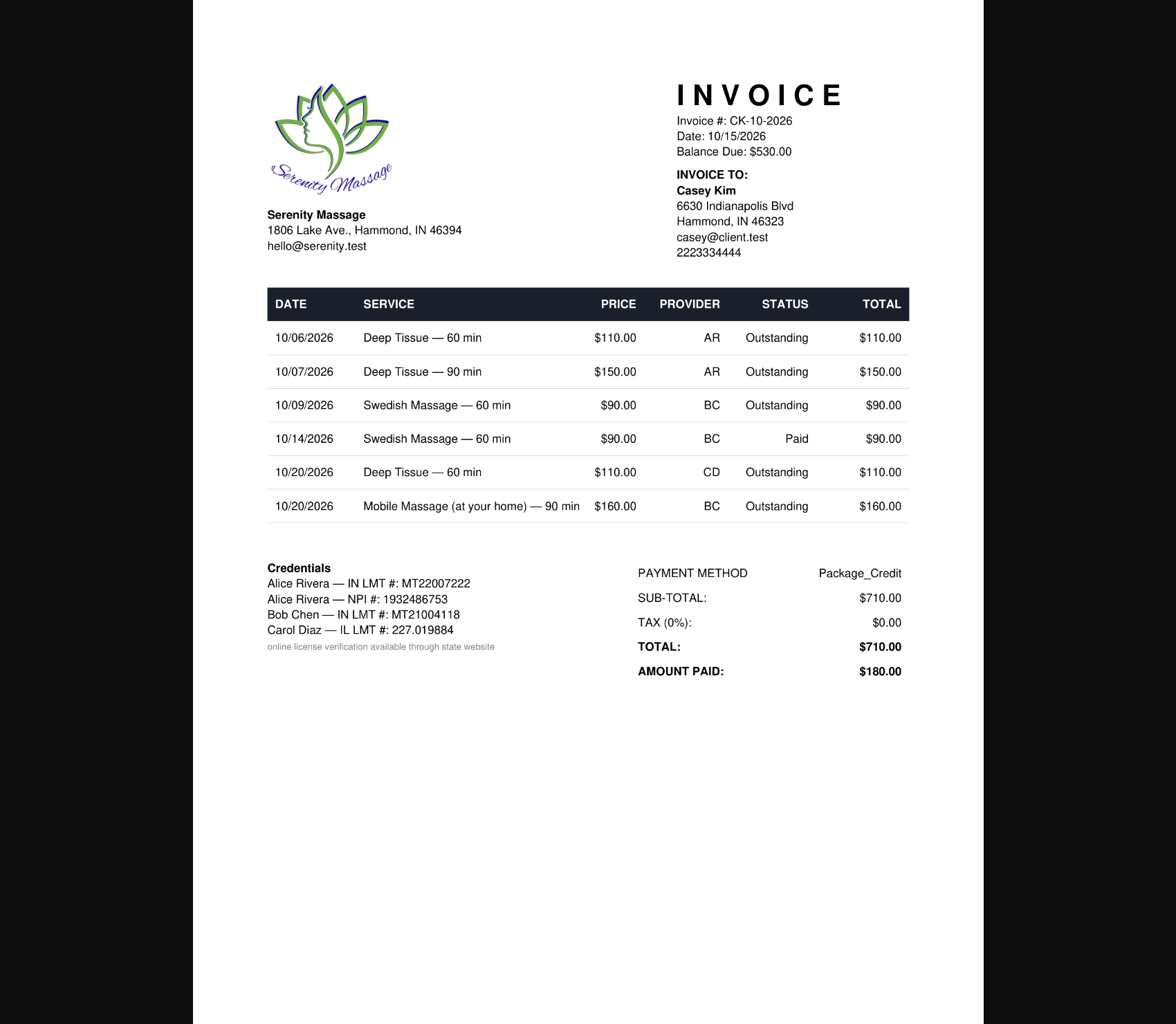 A generated PDF invoice with business logo, itemized sessions, provider credentials and totals