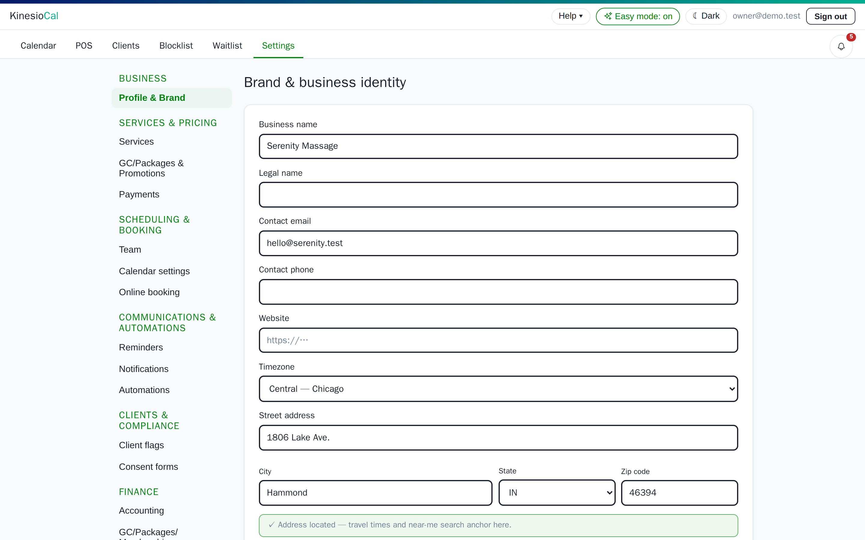 Settings with Easy mode on: a shorter navigation and the Brand and business identity form