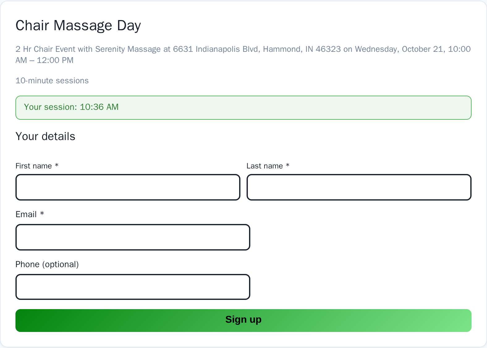 The kiosk sign-up card for a 10:36 AM chair session with name, email and phone fields
