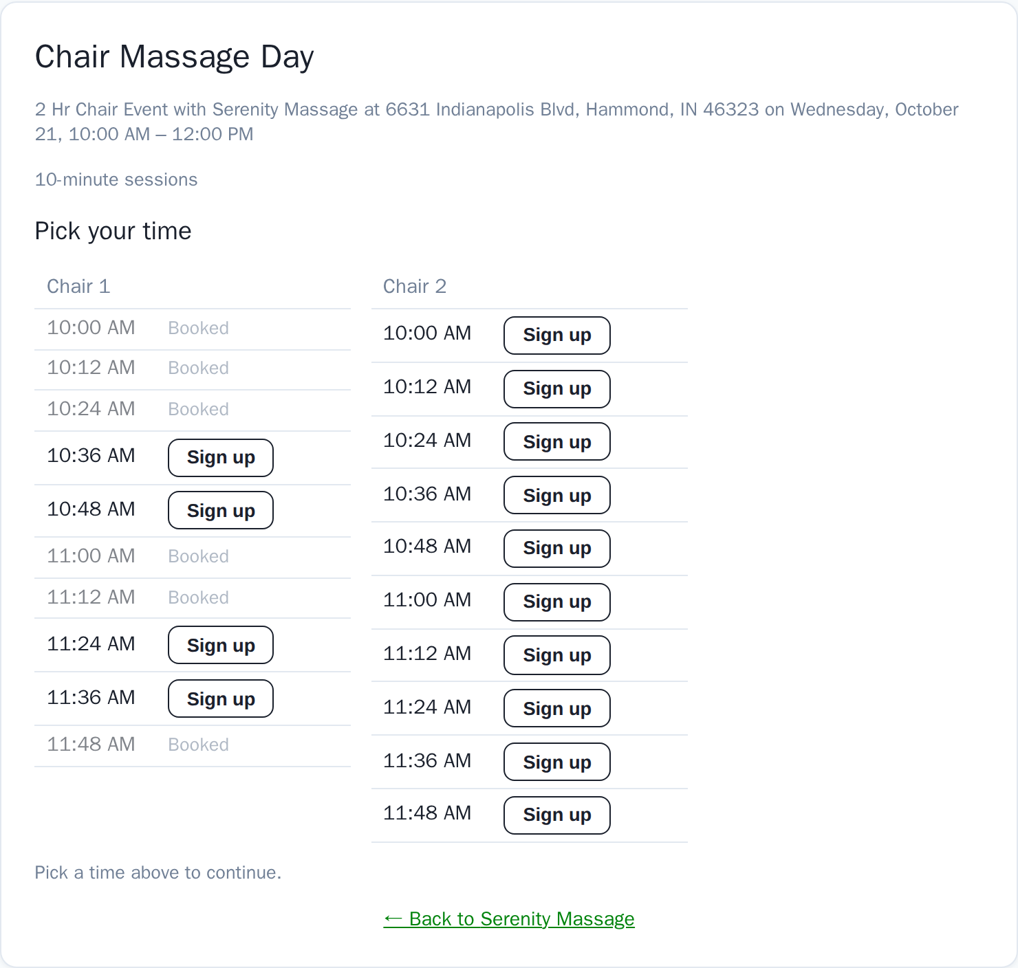 The public event page with two chair columns and sign-up buttons for each session