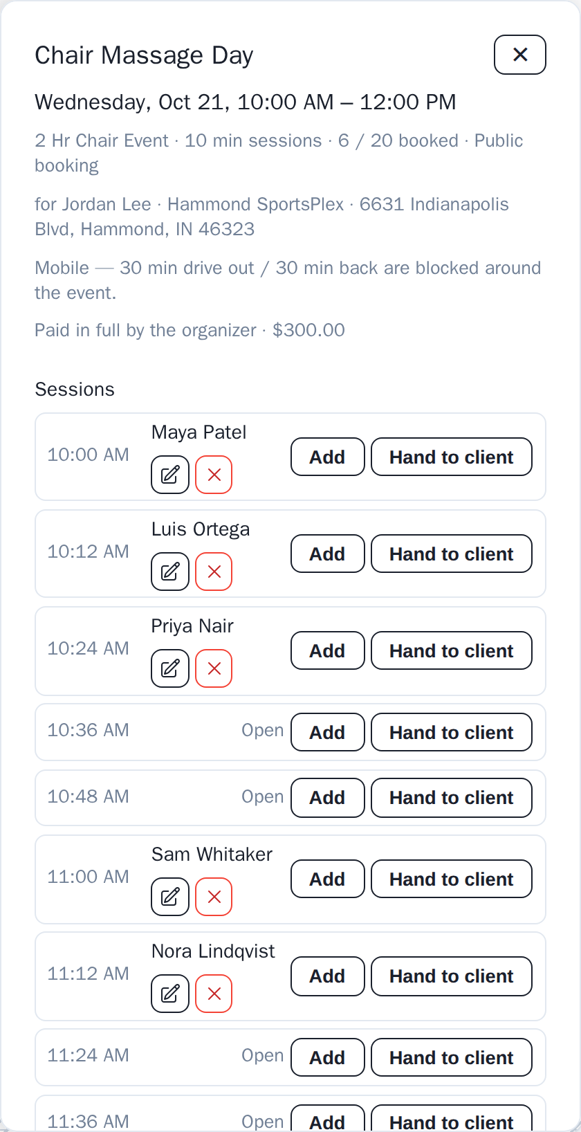 The staff side card for an event, listing every 10-minute session with who booked it