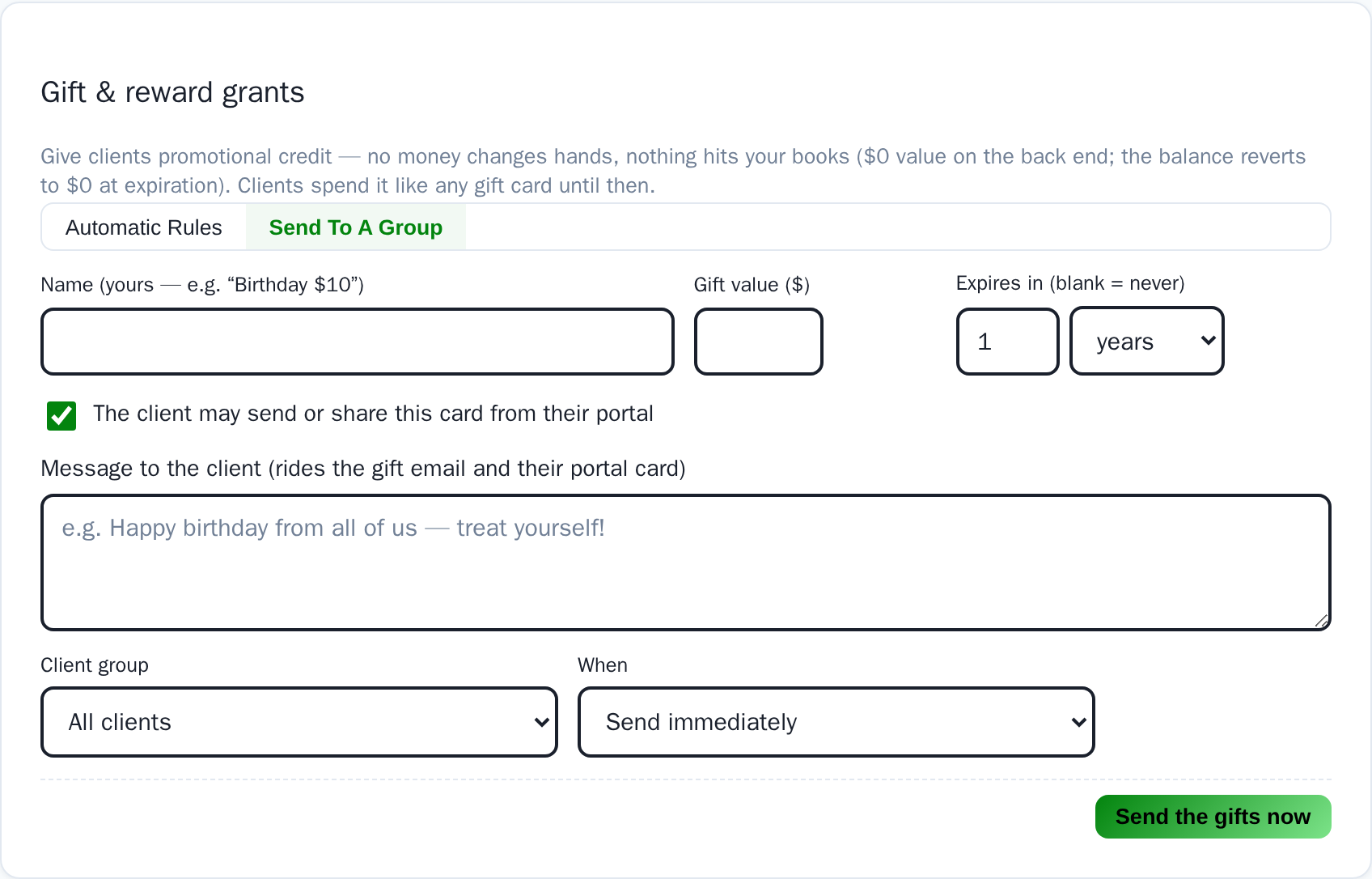 The Gift and reward grants card with Send to a group selected: pick a client group, an amount, a message and an expiry