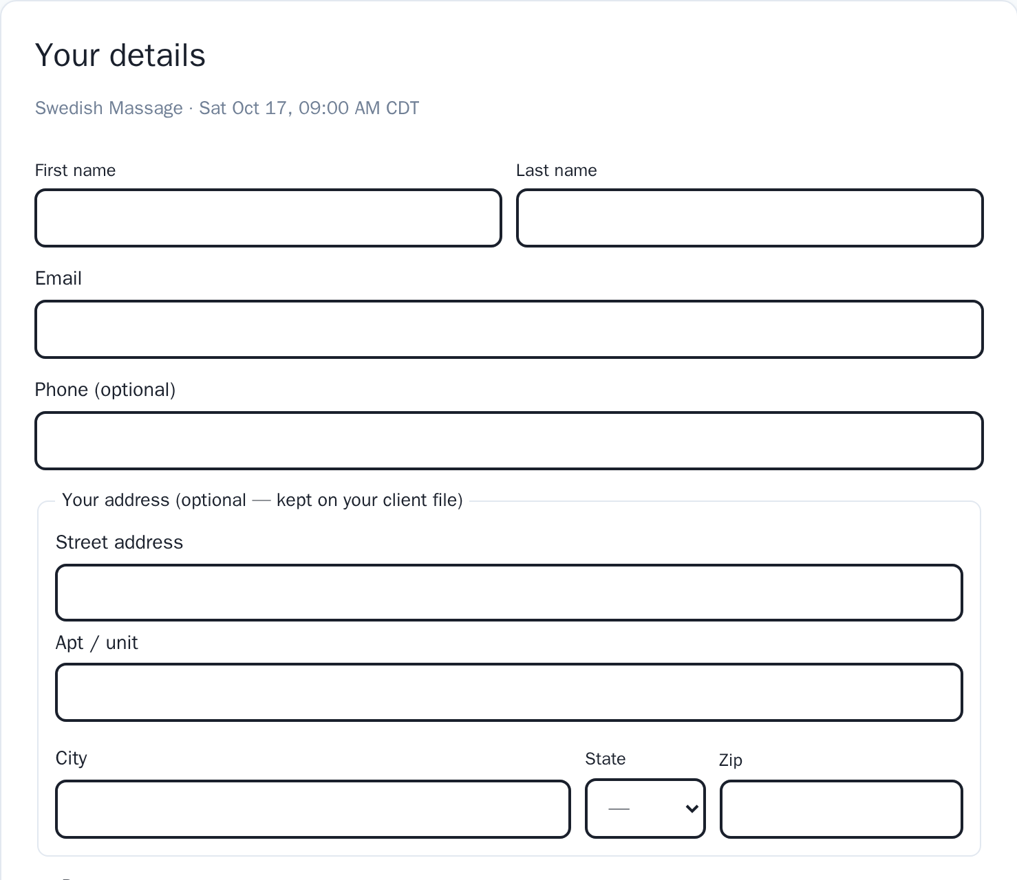 The details step on desktop: name, email, phone and an optional address, no sign-in