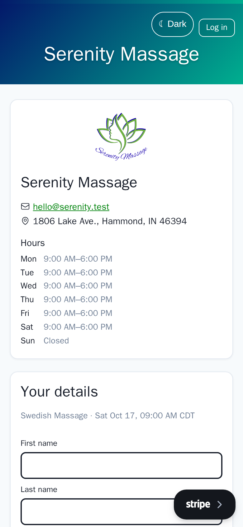 The booking page on a phone at the details step: first name, last name, email, phone