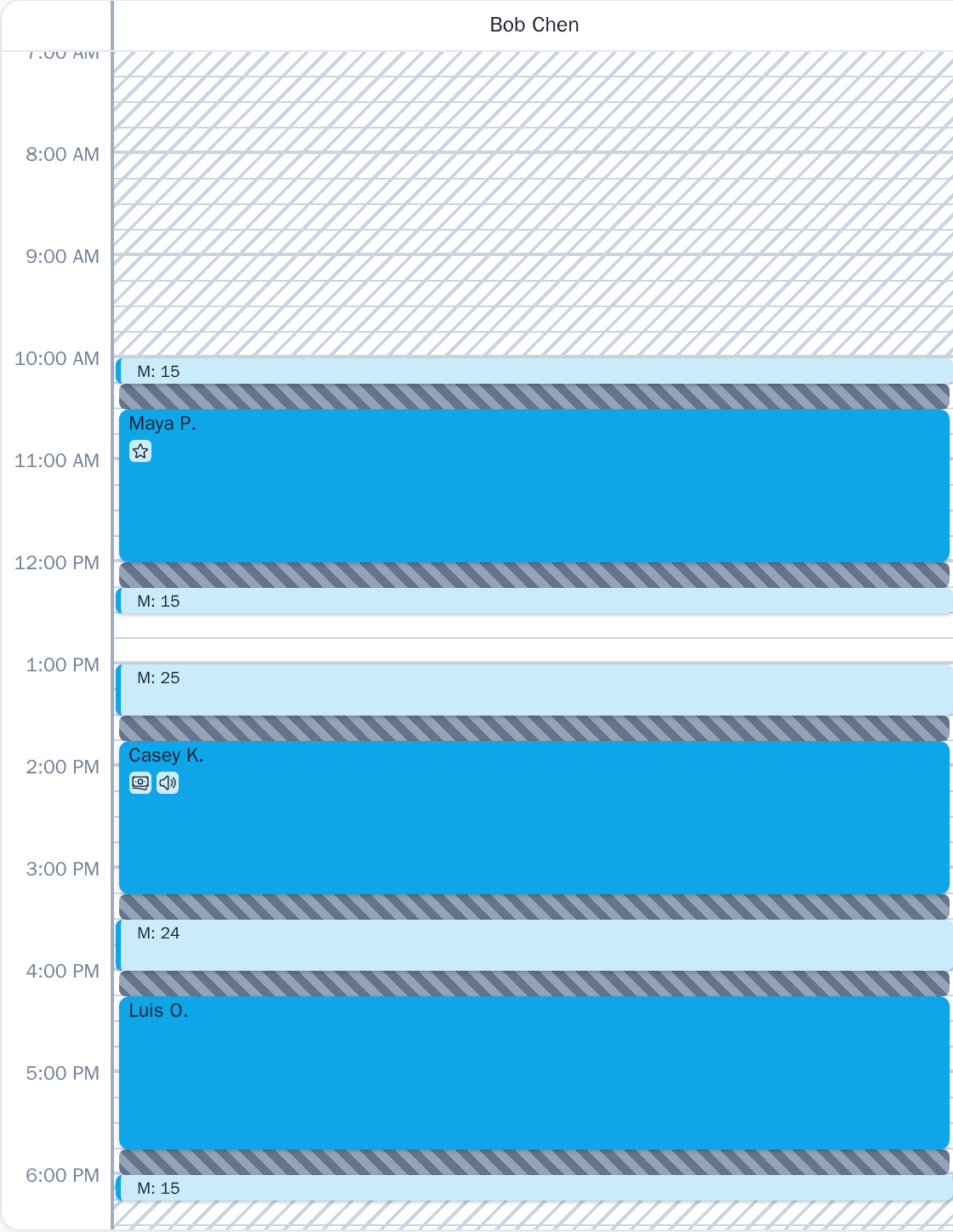 A mobile therapist's column with drive-time bands of 15, 25 and 24 minutes between home visits