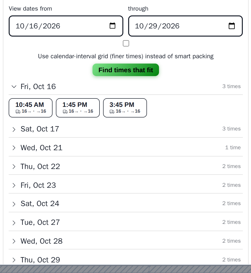 The Find times that fit panel listing bookable start times, each with drive minutes in and out