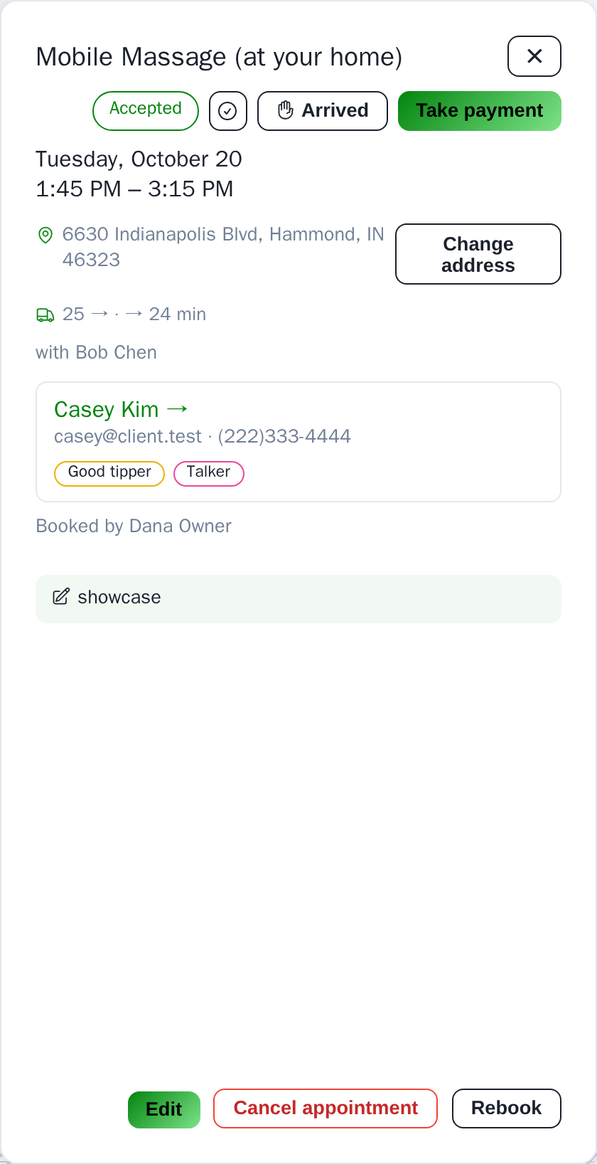 An appointment panel showing the service address and 25 minutes in, 24 minutes out of drive time