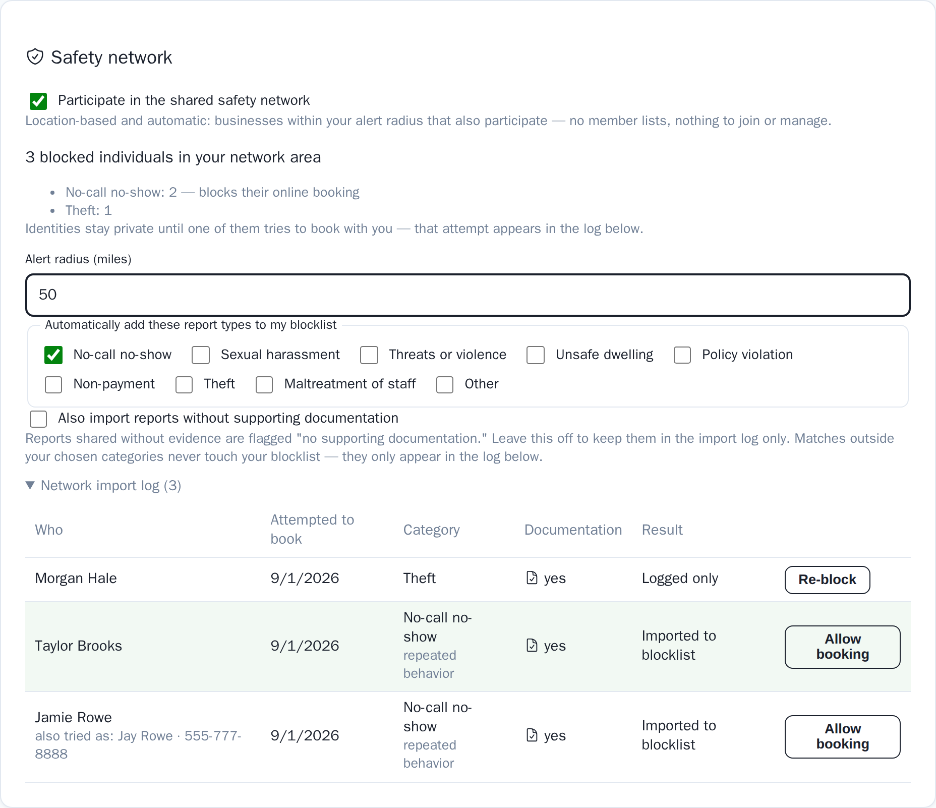 The Safety network card: participation toggle, alert radius, auto-import categories and a network import log with three matched attempts