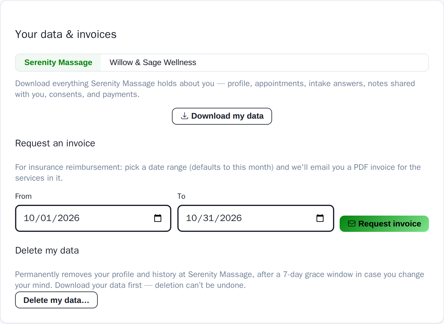The client portal card where a client picks a date range and requests an invoice