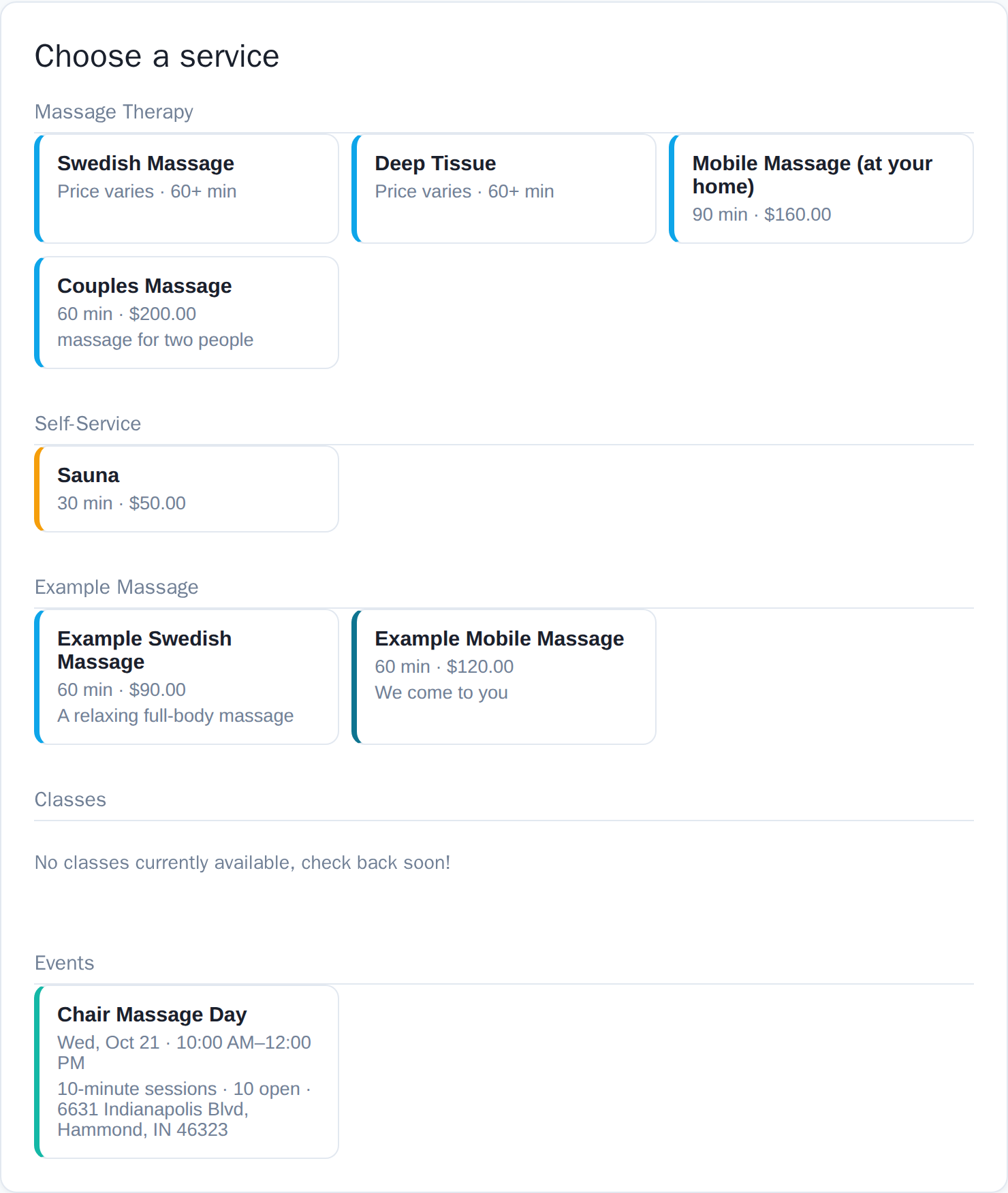 The public booking page: find-your-provider box and service tiles grouped by category