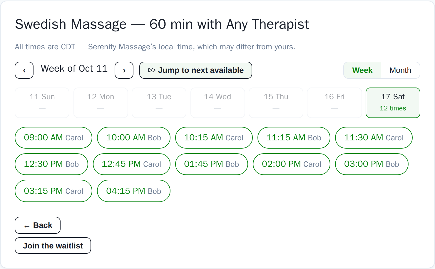 The week view on the public booking page with a jump-to-next-available button