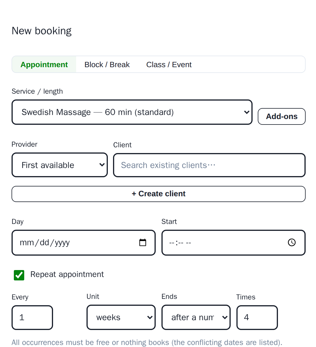 The new booking form with Repeat appointment checked, showing every, unit, ends and times fields